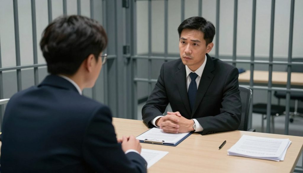 Attorney meeting with client arrested for crimes of violence in Los Angeles jail consultation room