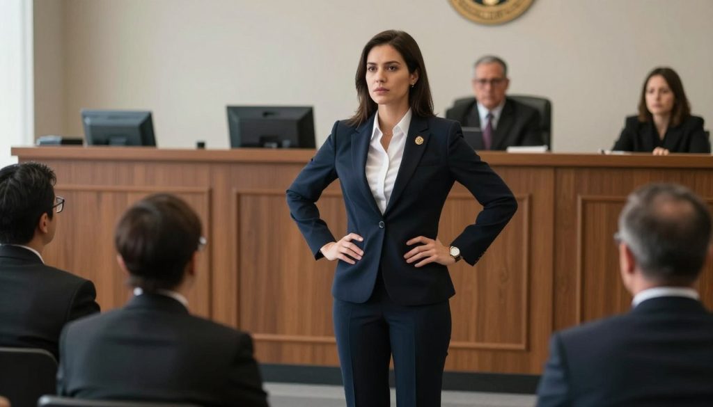 Attorney presenting defense for crimes of violence case to jury in Los Angeles courtroom