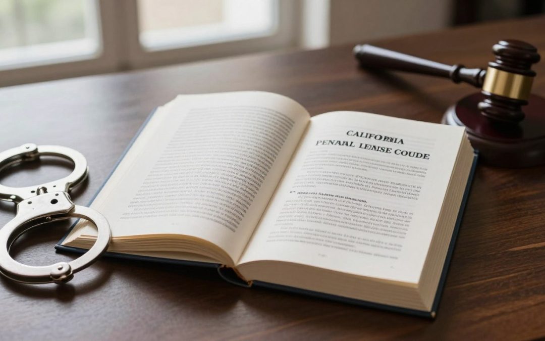 California Penal Code book open to weapon charges section with handcuffs and gavel