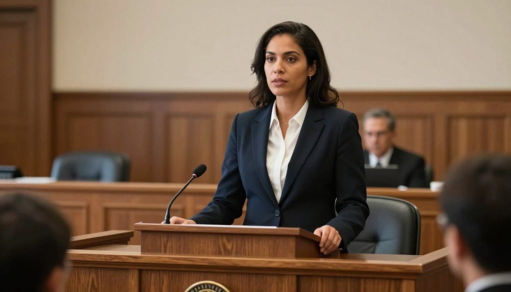 Criminal defense attorney presenting case in courtroom