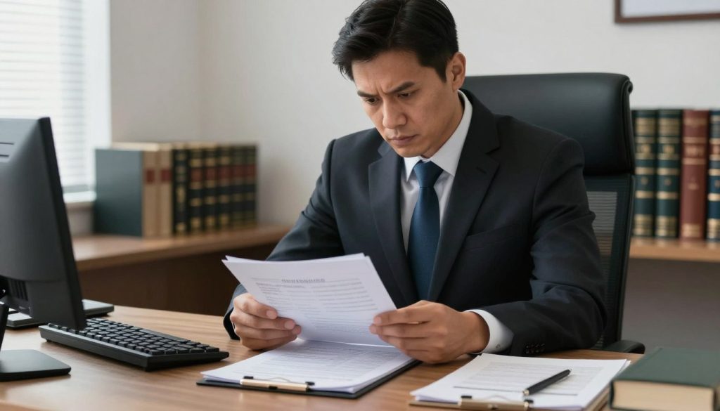 Criminal defense attorney reviewing evidence for crimes of violence case in Los Angeles office