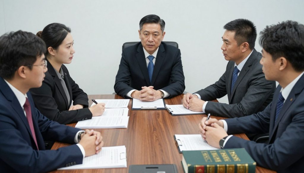 Criminal defense team discussing crimes of violence defense strategy in law office