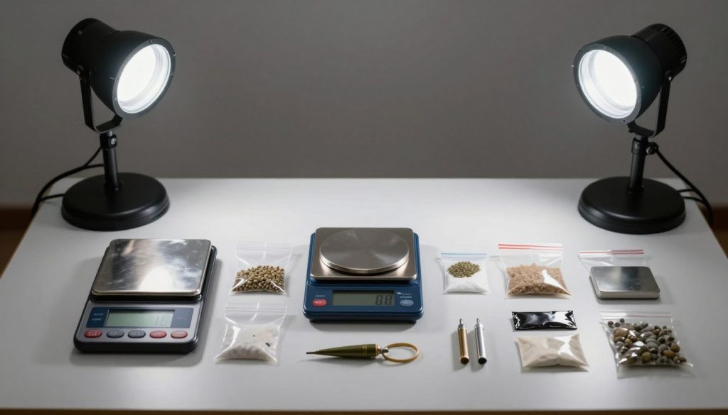 Drug crimes evidence including scales and packaging materials