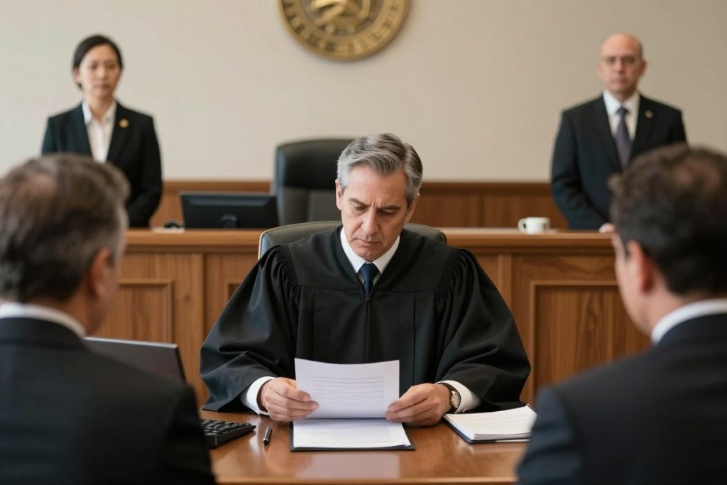 Judge reviewing sentencing alternatives with attorneys in Los Angeles courtroom