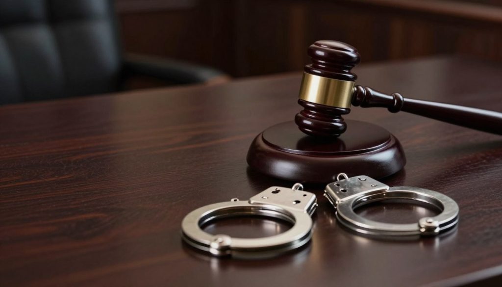 Judge's gavel and handcuffs symbolizing domestic violence penalties