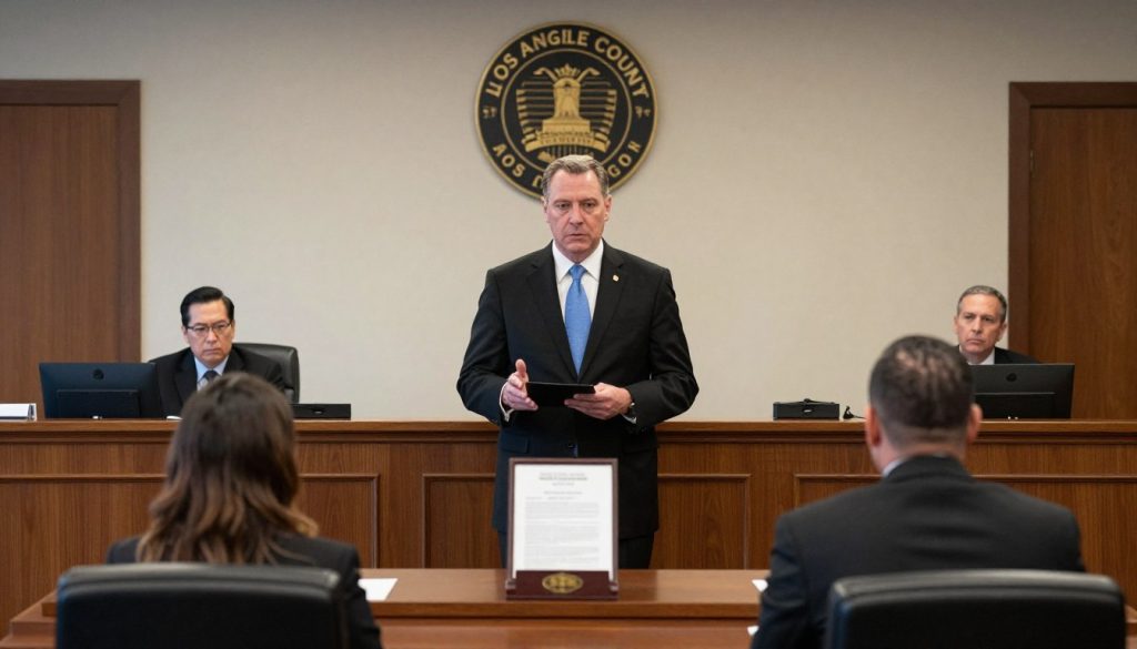 Los Angeles County prosecutor presenting property crime evidence in courtroom